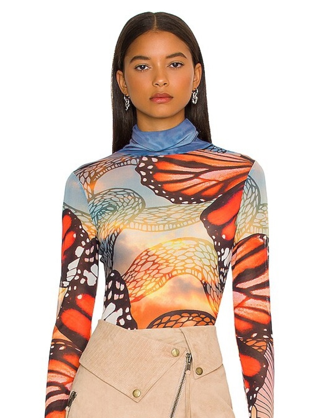 AFRM Zadie Top Butterfly 🦋Monarch-Print Mock Neck Long Sleeve Top - Orange Multi